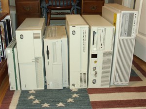 Some old systems I had at one time or another.  Left to right: IBM PS/2e (first "green" environmental pc), RS/6000 43p (7043-140), Apple PowerMac 7100/80, RS/6000 7006-42W, RS/6000 7012-397, HP Visualize c360 (PARISC)